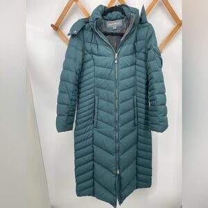 Long Quilted Hooded Down Puffer Coat in Teal